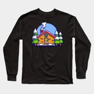 Snow Cabin in Winter Cartoon Long Sleeve T-Shirt